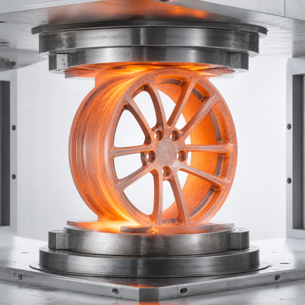Heated aluminum billet being forged into an automotive wheel blank