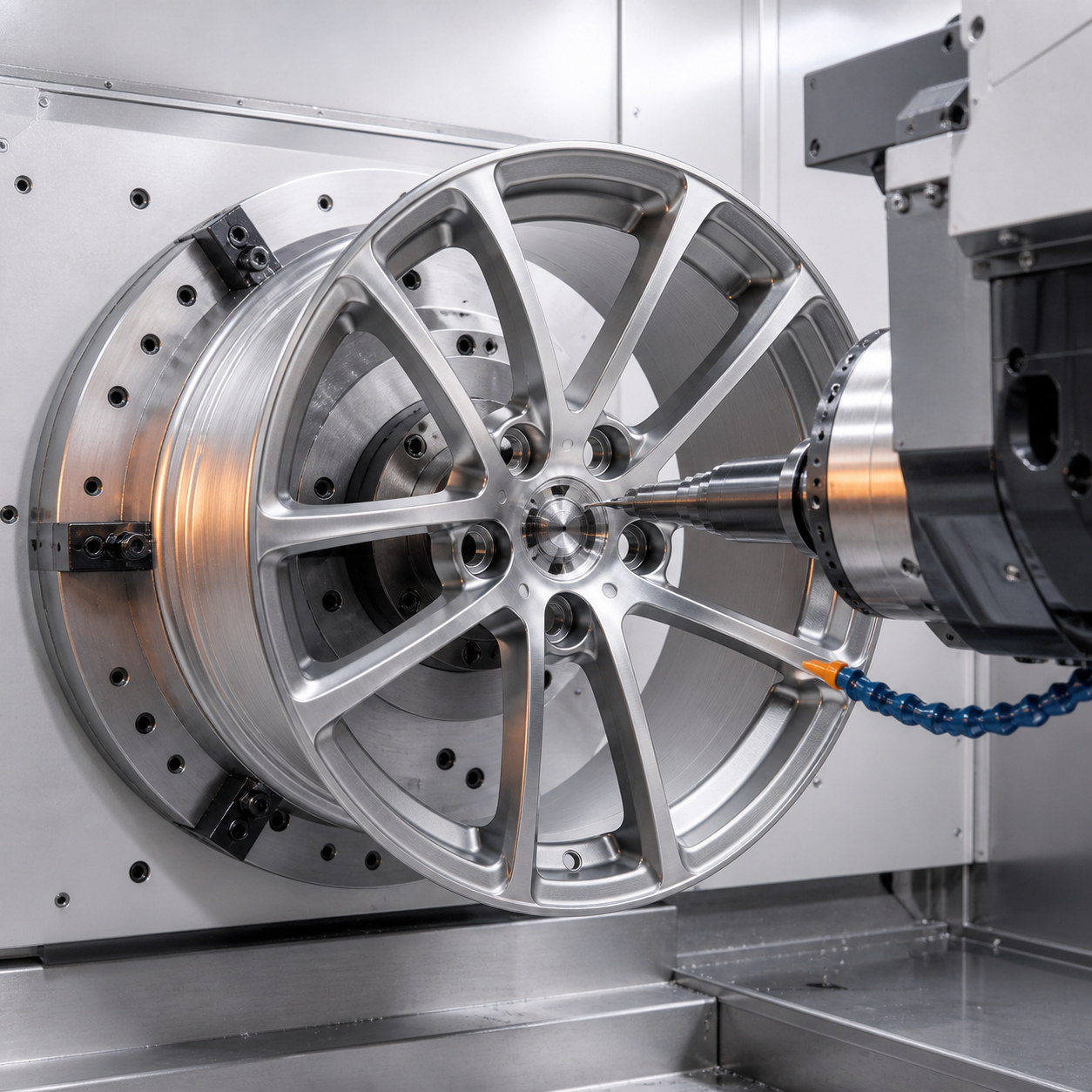 Forged aluminum wheel undergoing precision CNC fitment machining